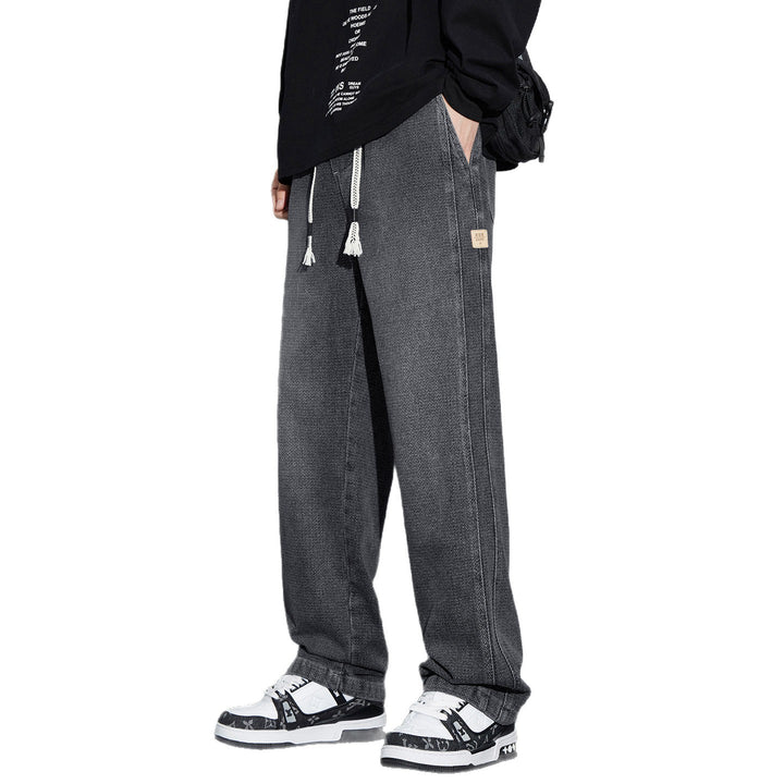 Men's Wide Denim Jogging Pants with Woven Drawstring and Herringbone Texture Mune Fashion