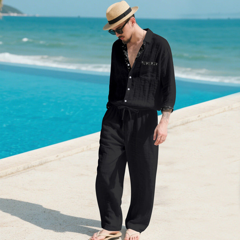 Men's Linen Look Loungewear Set with Drawstring Pants and Open Shirt Jacket Mune Fashion