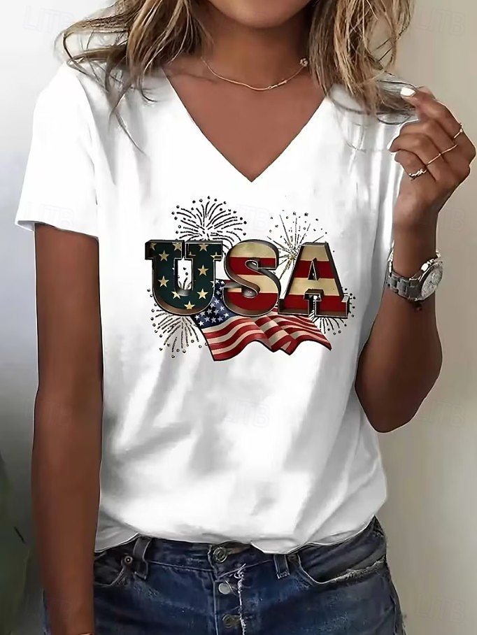 Women’s V-neck Retro Print T-shirt with Eagle Emblem and vintage-inspired Graphic Mune Fashion