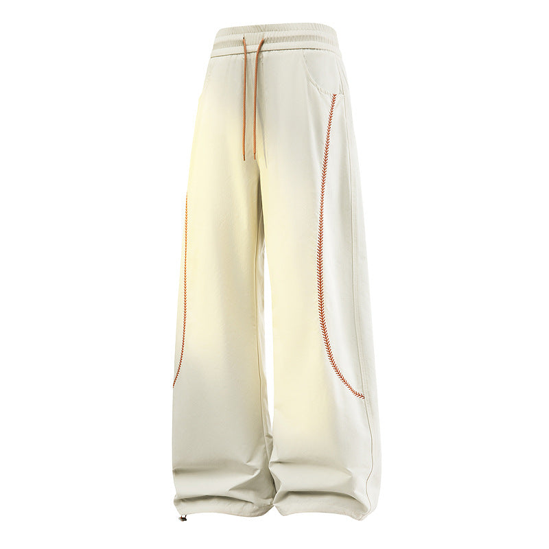 Women Wide Baggy Leisure Pants with Drawstring Waistband, Contrasting Decorative Stitching & Adjustable Hem Mune Fashion