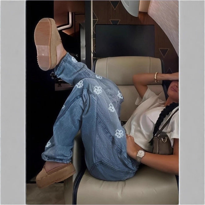 Ladies High-Waist Wide-Leg Denim Jeans with Floral Allover Embroidery Mune Fashion