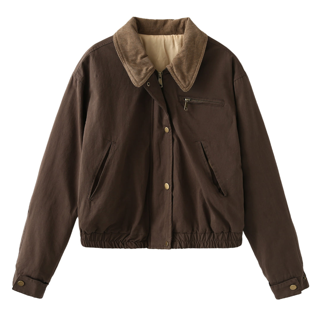 Women's cropped bomber jacket with corduroy collar, chest zipper, and elastic drawstring hem Mune Fashion