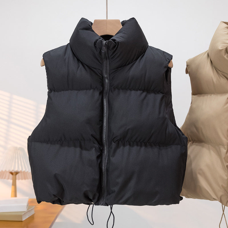 Women's Short Cut Quilted Down Vest with Stand-up Collar and Drawstring Mune Fashion