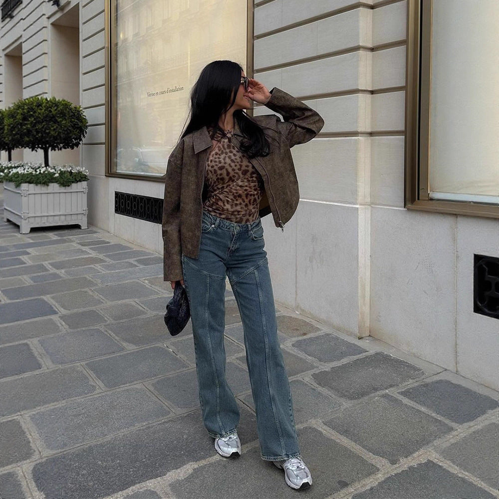 Women's Short Boxy Jacket in Vintage Suede Look with Distinctive Metal Zipper Mune Fashion