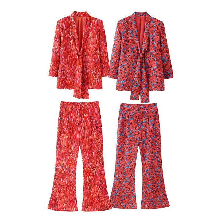 Women's Two-Piece Blazer and Flared Pants Set with Knot Detail Mune Fashion