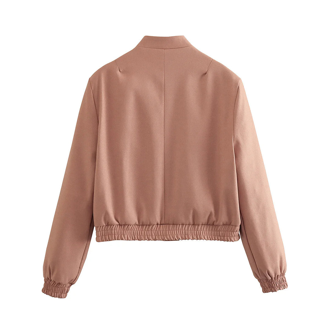 Women's short bomber jacket with stand-up collar, snap button placket, patch pockets, and elastic hem Mune Fashion