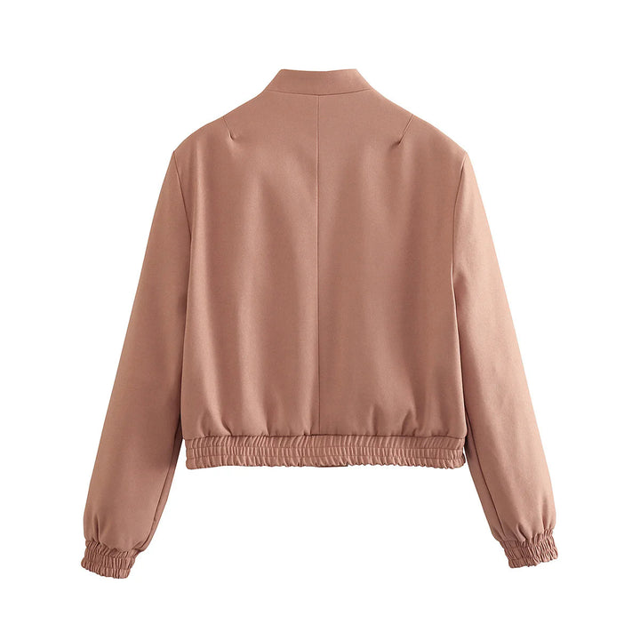 Women's short bomber jacket with stand-up collar, snap button placket, patch pockets, and elastic hem Mune Fashion