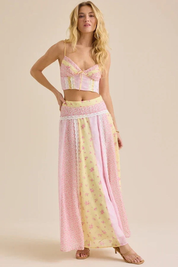 Women romantic crop top with spaghetti straps and tiered patchwork maxi skirt Mune Fashion