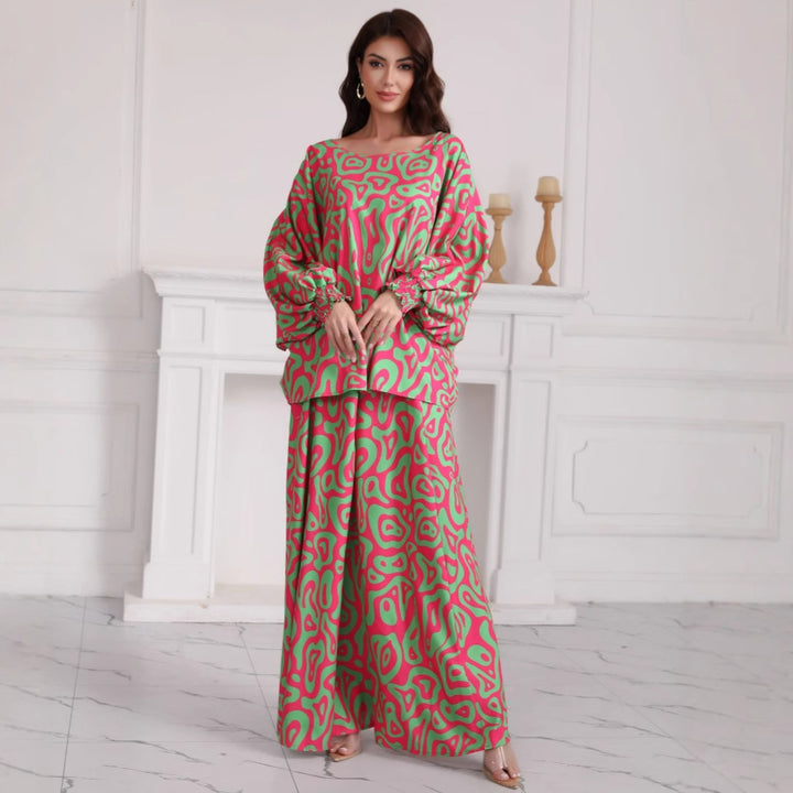 Women's Two-Piece Maxi Skirt Set with Wide A-Line Skirt & Balloon-Sleeved Oversized Top Mune Fashion
