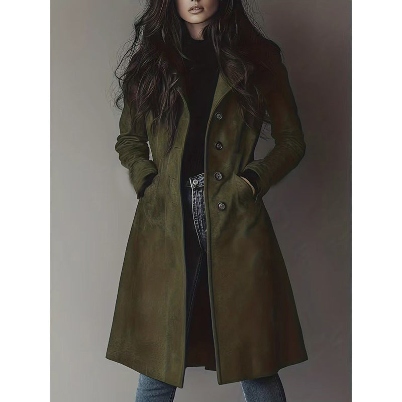 Women's Elegant Long Coat in A-Line Cut with Single-Breasted Button Placket Mune Fashion