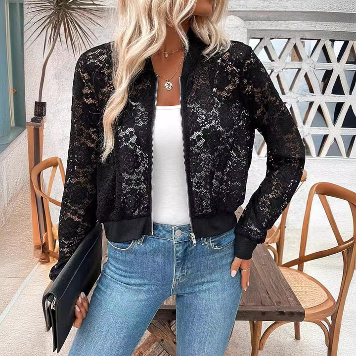 Women's Nan Bomber Jacket with Zip, Ribbed Cuffs and Floral Transparency Mune Fashion