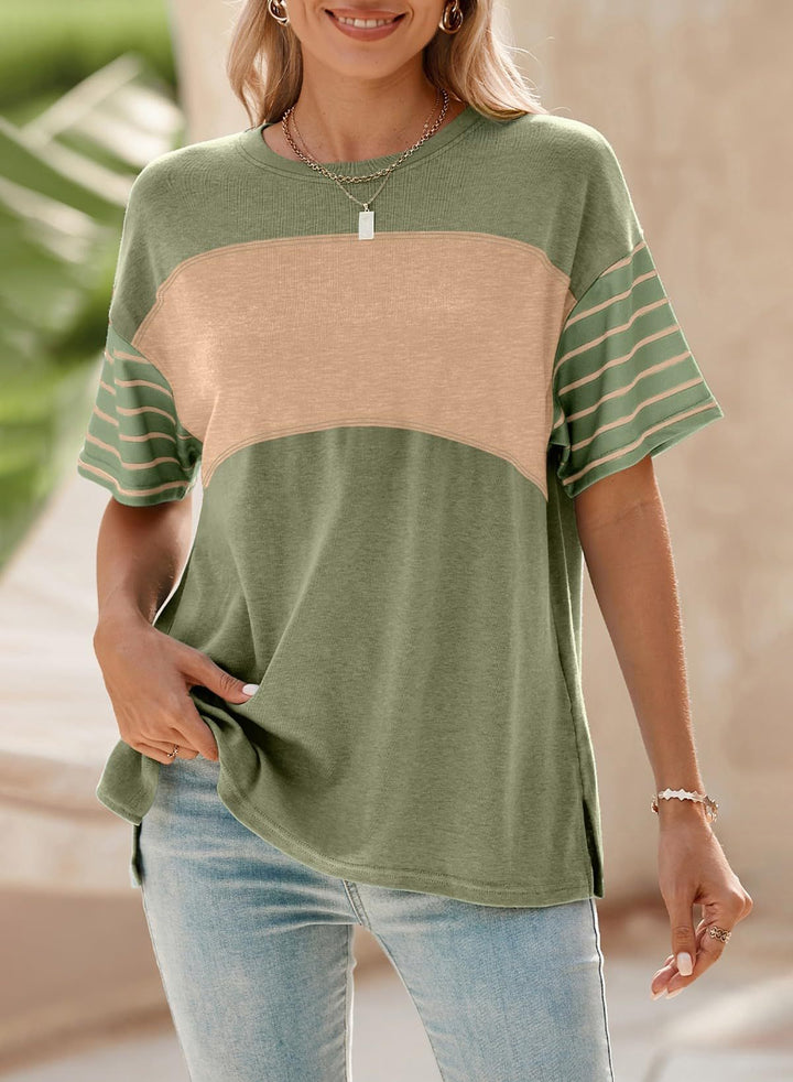 Women Oversize Shirt with Contrast Panel, Striped Sleeves and Side Slits Mune Fashion