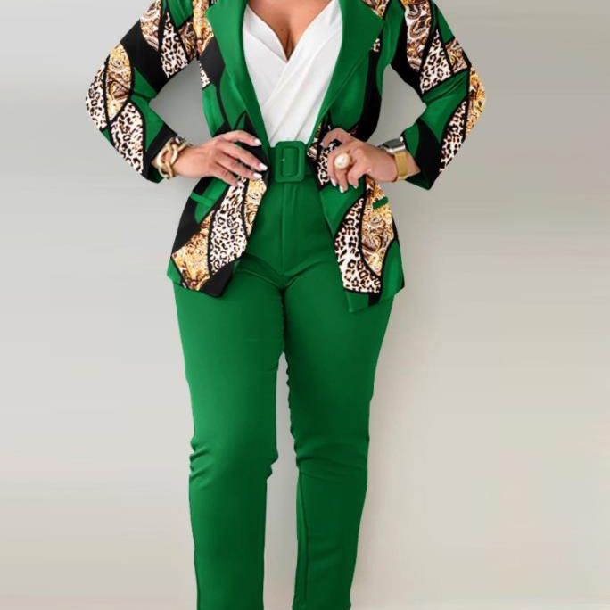 Women's tailoring set with animal print lapel, tailored belt blazer and high-waist slim pants Mune Fashion