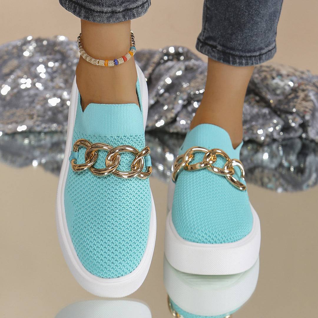 Ladies' Knit Slip-On Sneakers with Platform Sole and Eye-Catching Metal Chain Decoration Mune Fashion