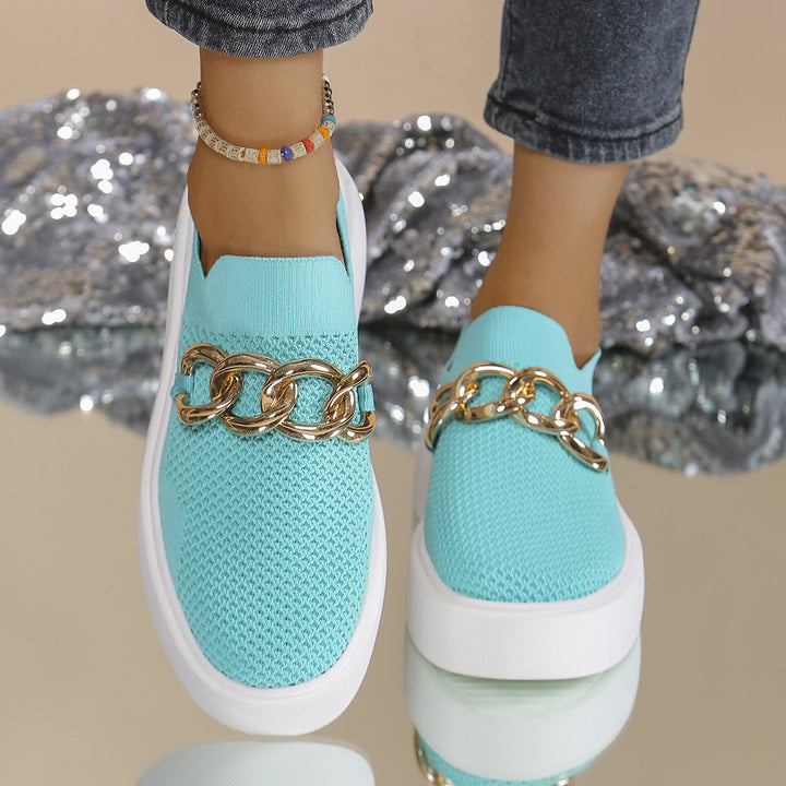 Ladies' Knit Slip-On Sneakers with Platform Sole and Eye-Catching Metal Chain Decoration Mune Fashion