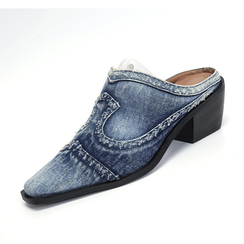 Women nan jeans slipper with pointed toe cap, frayed edge processing and medium high block heel Mune Fashion