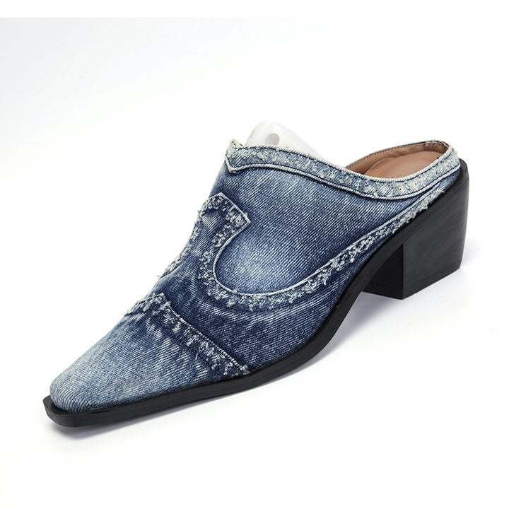 Women nan jeans slipper with pointed toe cap, frayed edge processing and medium high block heel Mune Fashion