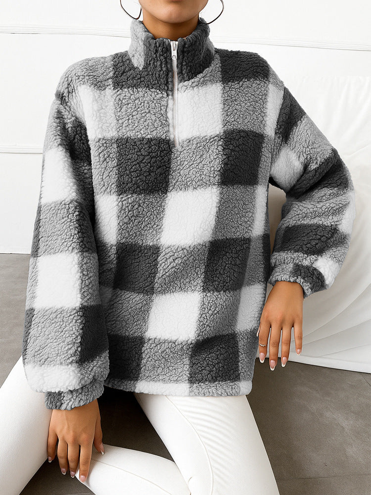 Ladies checked teddy fleece pullover with stand-up collar and half-height zipper Mune Fashion