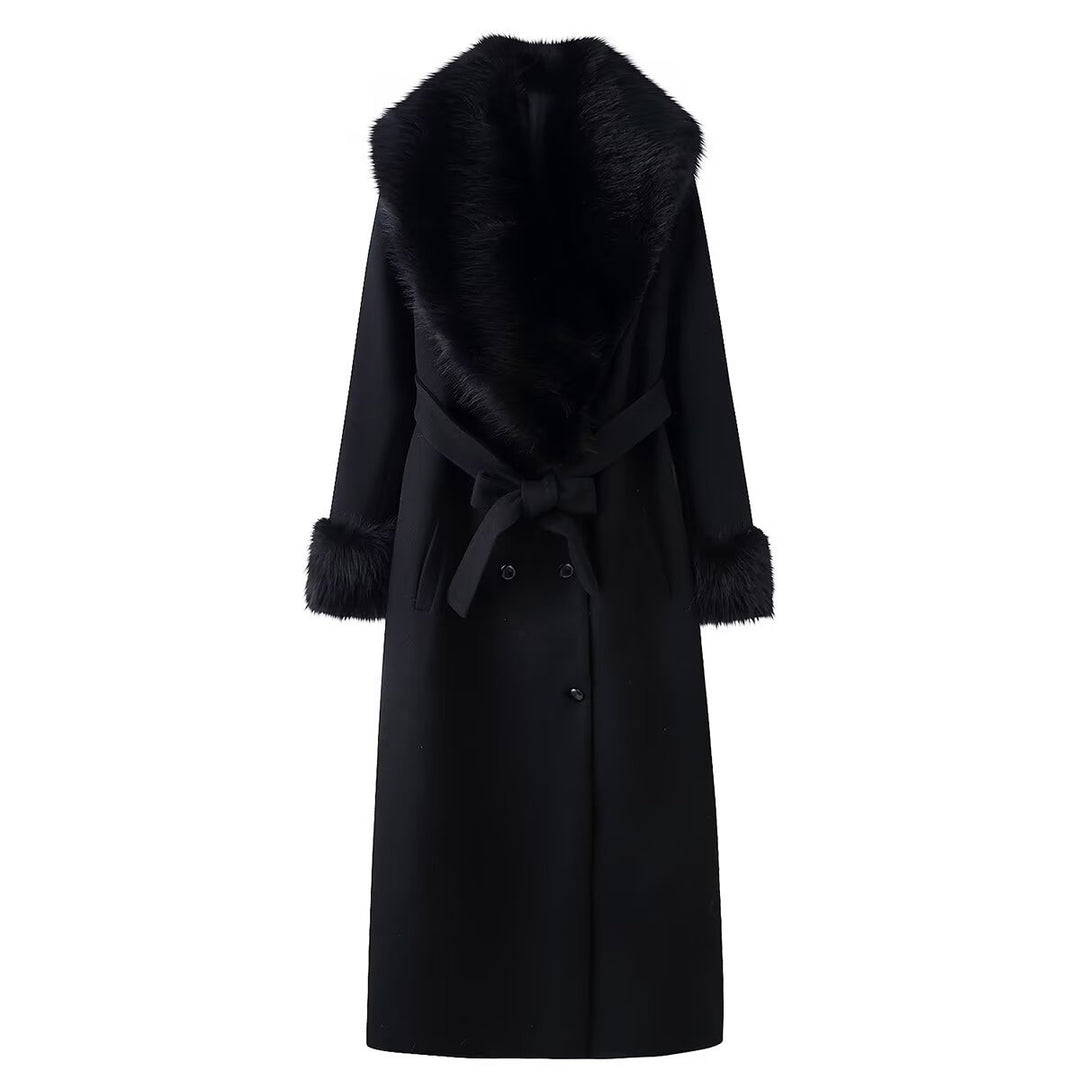 Women Elegant Wool Coat with Large Faux Fur Collar and Tie Belt Mune Fashion