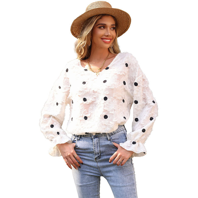 Women's Textured V-Neck Blouse Shirt with Fringe Structure and Dot Application Mune Fashion