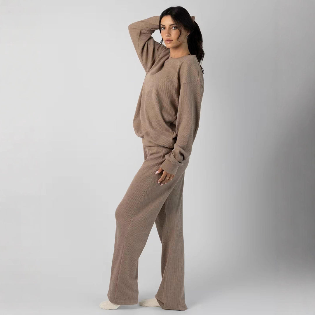 Ladies spacious waffle knit loungewear set with round neck and drawstring pants Mune Fashion