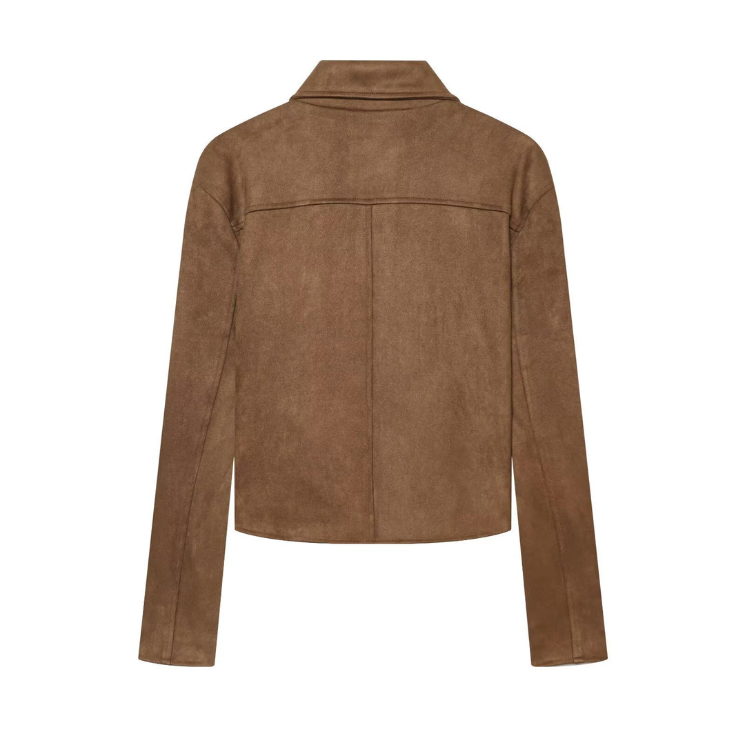 Women's short jacket in suede leather look with shirt collar and patch pockets Mune Fashion