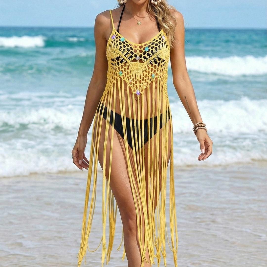 Women crocheted beach cover-up with fringed accents Mune Fashion