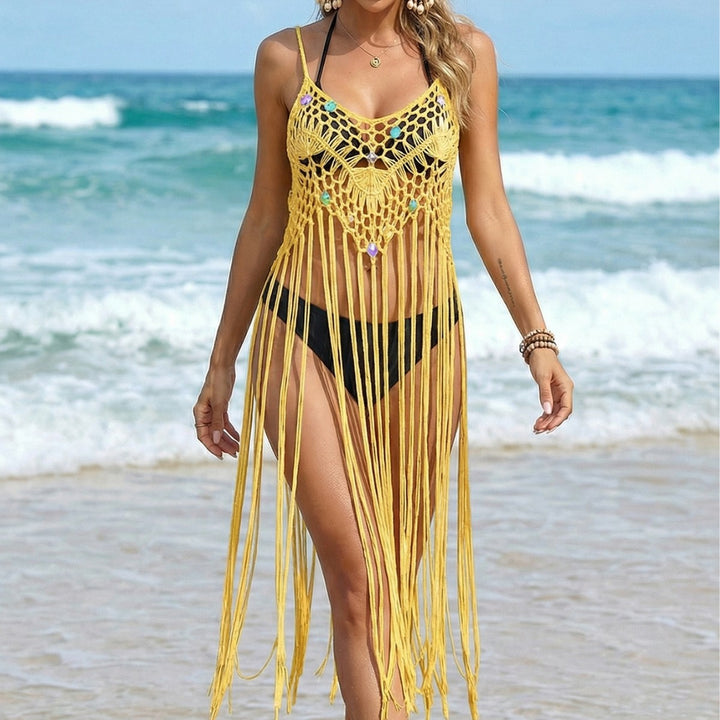Women crocheted beach cover-up with fringed accents Mune Fashion