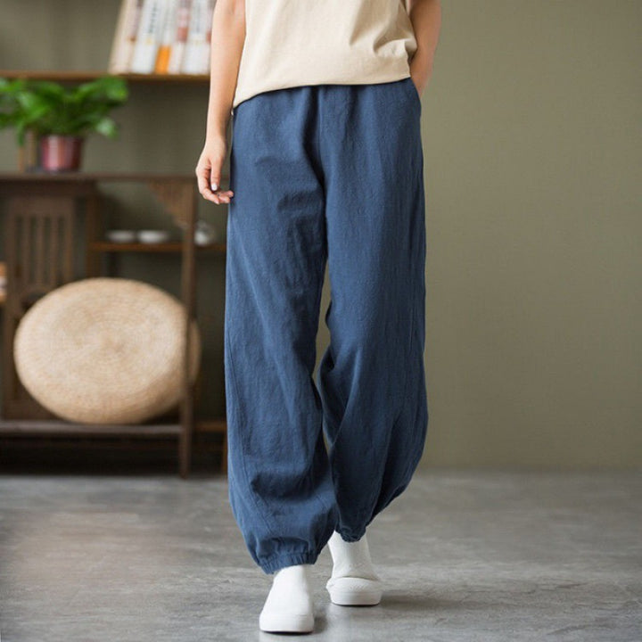 Women's relaxed linen harem pants with elastic waistband and ankle cuffs Mune Fashion