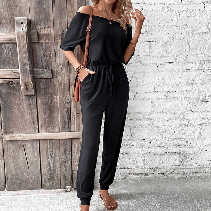 Women's Off-Shoulder Casual Jumpsuit with Drawstring Waist and Long Pants Legs Mune Fashion