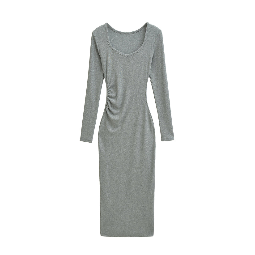 Women's Fitted Midi Dress with Side Ruching and Double Neckline Mune Fashion