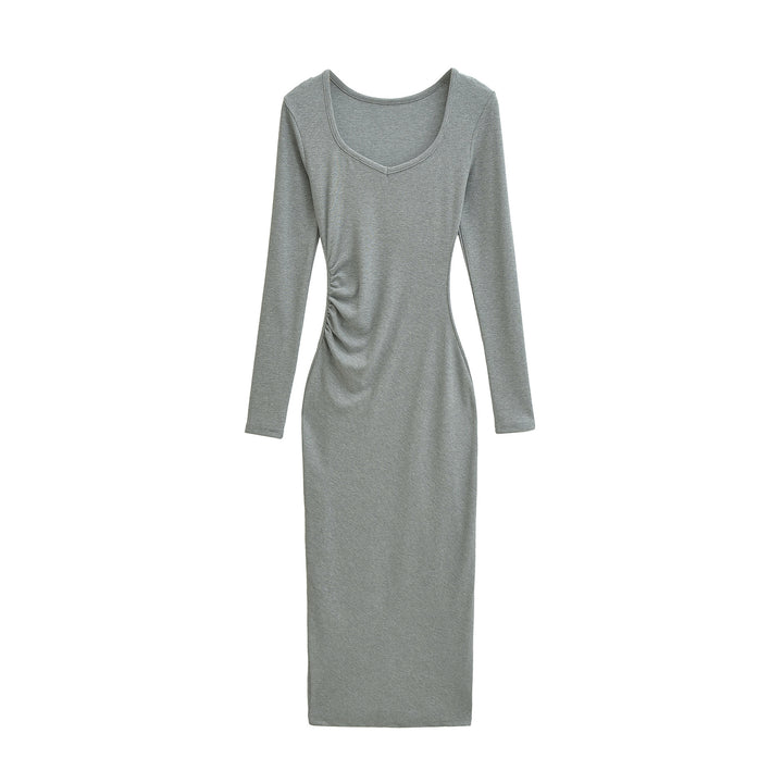 Women's Fitted Midi Dress with Side Ruching and Double Neckline Mune Fashion