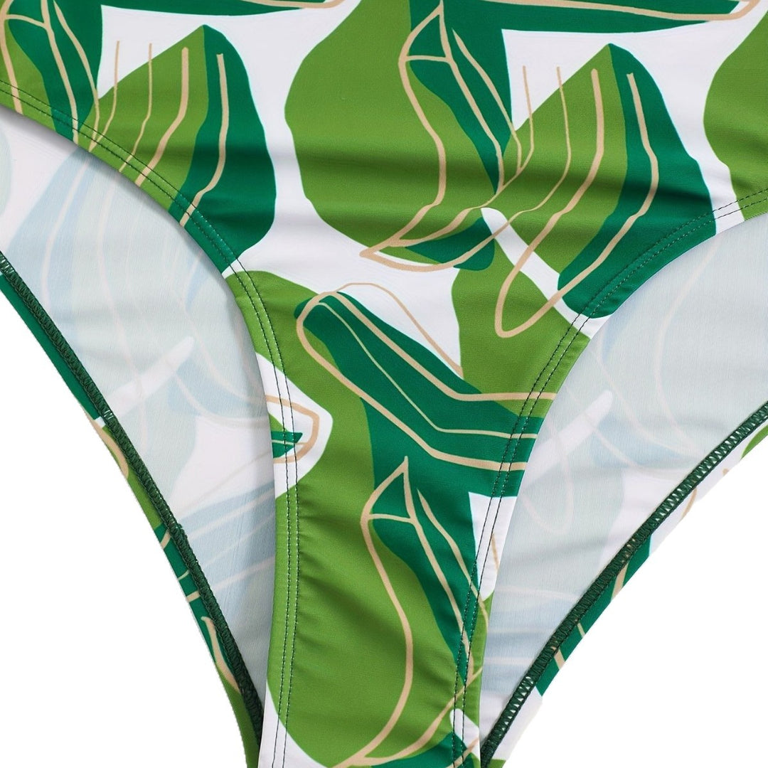 Women's one-piece swimsuit with modern cut and green leaf pattern Mune Fashion