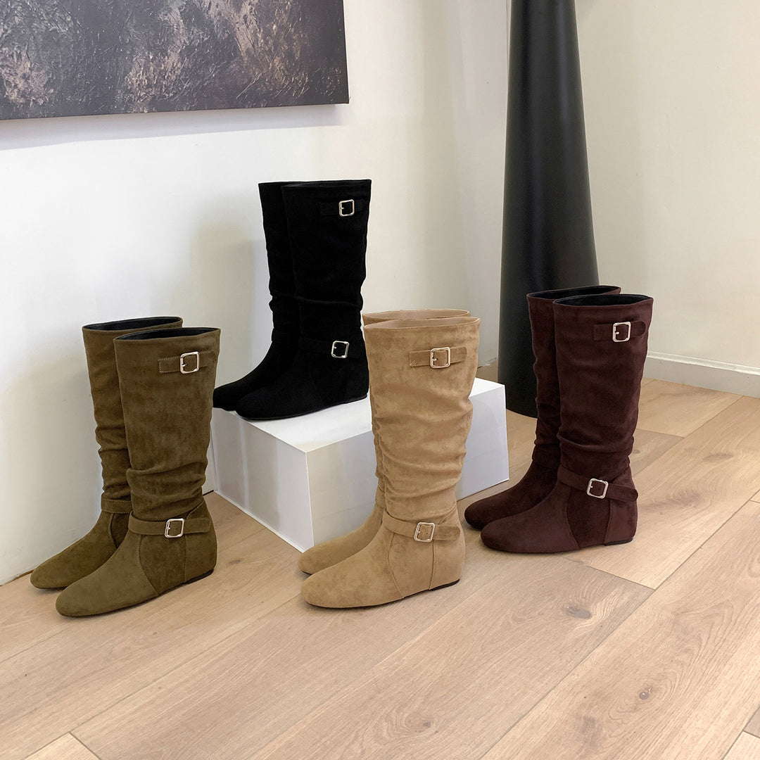 Women's Knee-High Suede Slouch Boots with Adjustable Decorative Straps and Flat Wedge Sole Mune Fashion