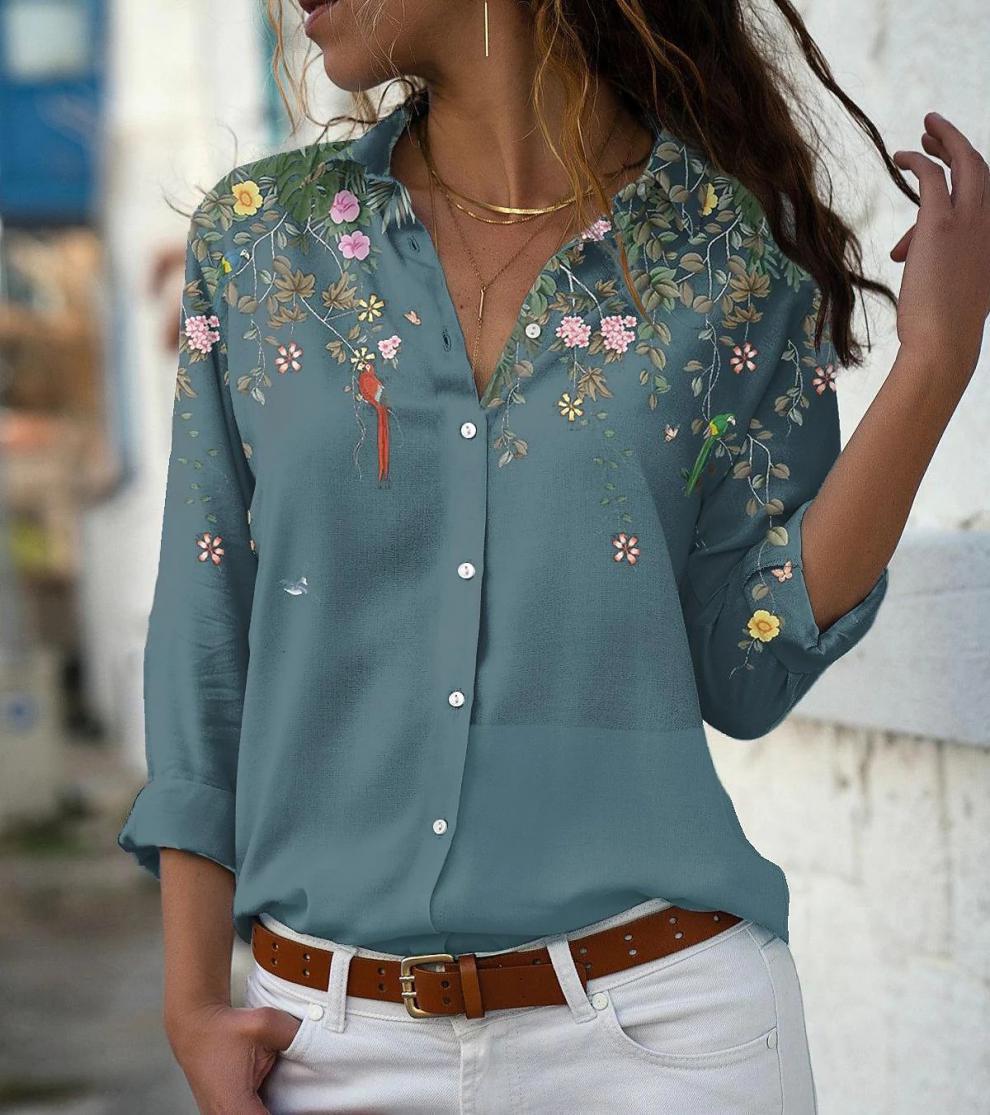 Women’s lightweight chiffon blouse with floral bird print, button placket and casual cut Mune Fashion