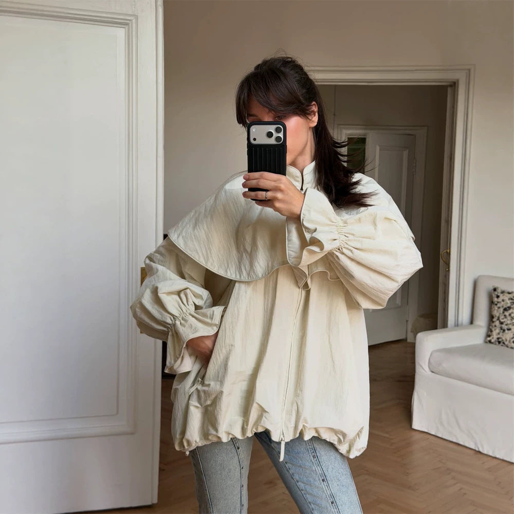 Women's Oversized Jacket with Cape Collar, Balloon Sleeves and Drawstring Mune Fashion