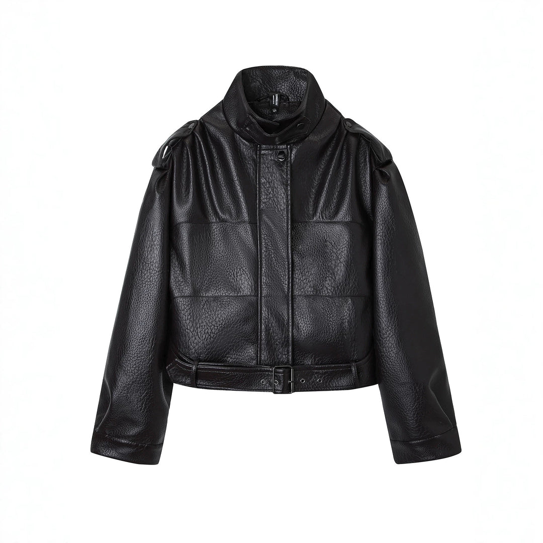 Ladies Fashion Faux Leather Jacket with Belt Mune Fashion