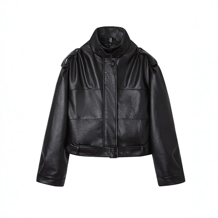 Ladies Fashion Faux Leather Jacket with Belt Mune Fashion
