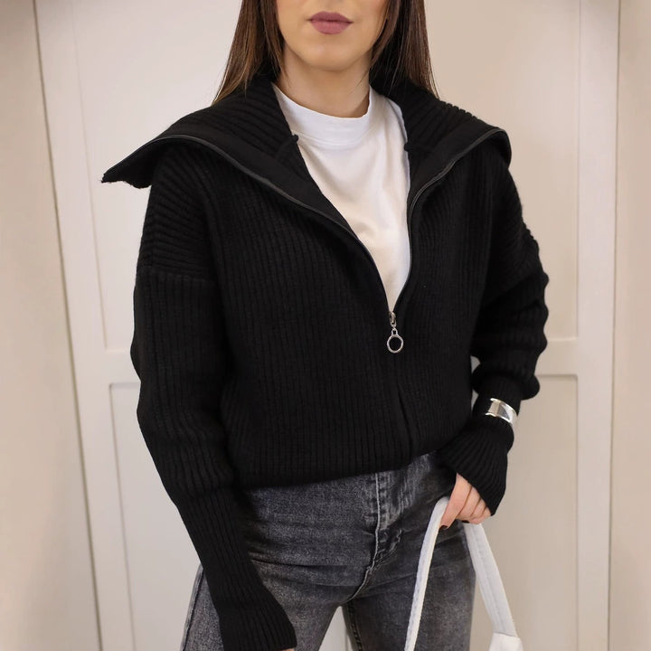 Women's Oversized Cardigan with Zipper and High Collar Mune Fashion