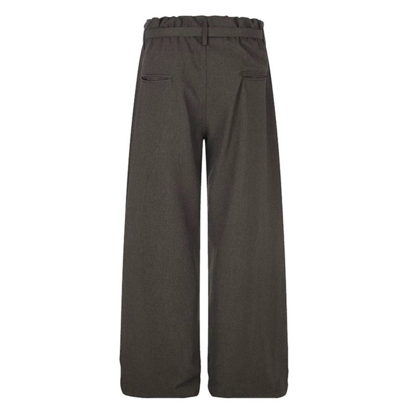 Ladies Wide High-Waist Palazzo Pants with Paperbag Waist, Pleats and Ties Belt Mune Fashion