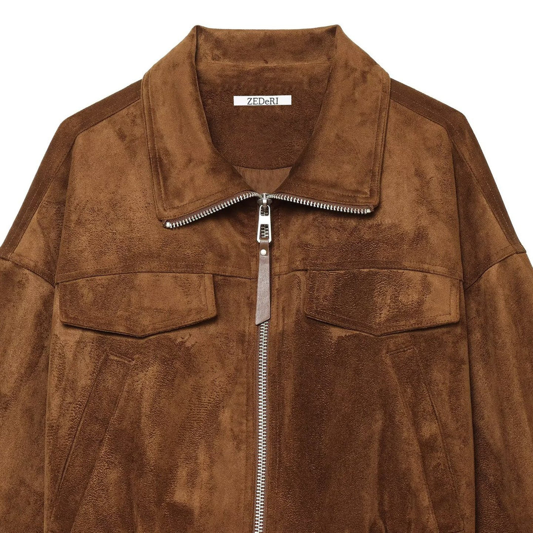 Women's Suede-Look Bomber Jacket with Drawstring and Chest Pockets Mune Fashion