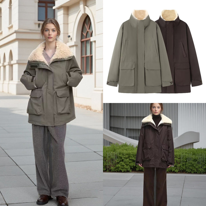 Women's Padded Parka Jacket with High Teddy Collar and Flap Pockets Mune Fashion