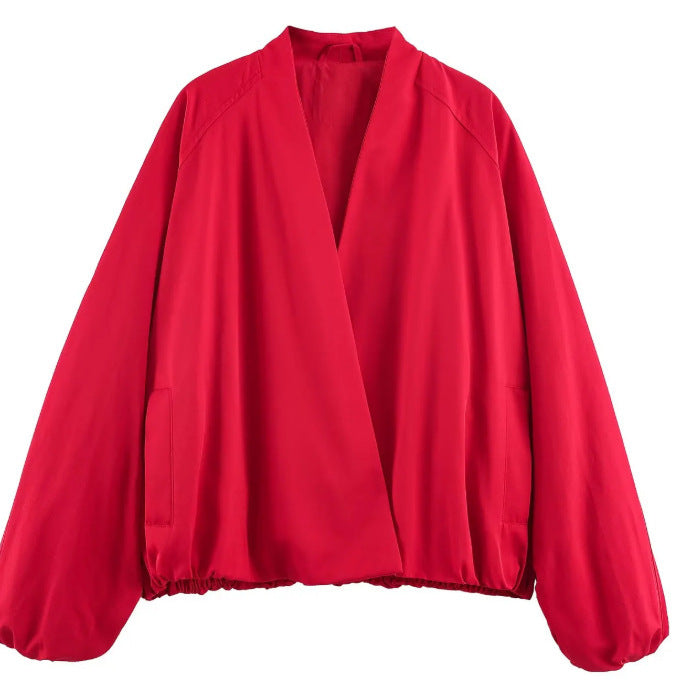 Women Short Blouson made of Artificial Leather with Double-Breasted Button Placket and Shoulder Cape Mune Fashion