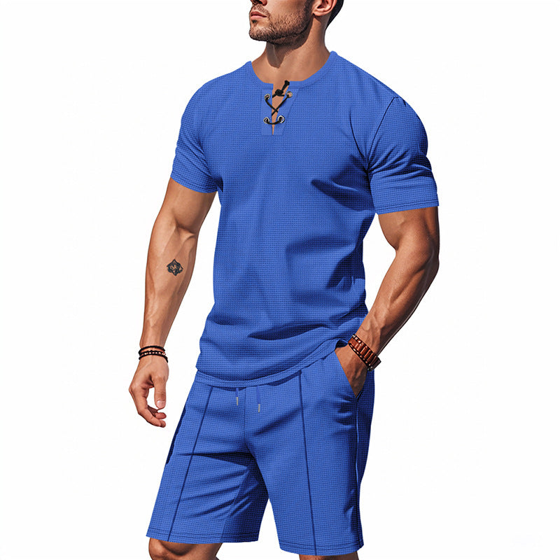 Men's short-sleeved lace-up collar shirt in waffle jersey with pleated Bermuda Mune Fashion