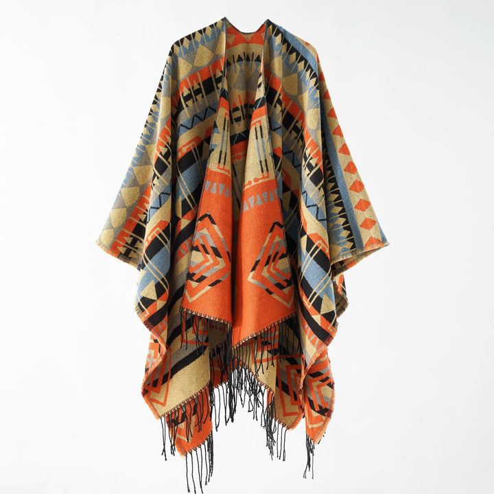 Women Woven Fringe Poncho with Ethno-Jacquard and Oversized Drop Mune Fashion