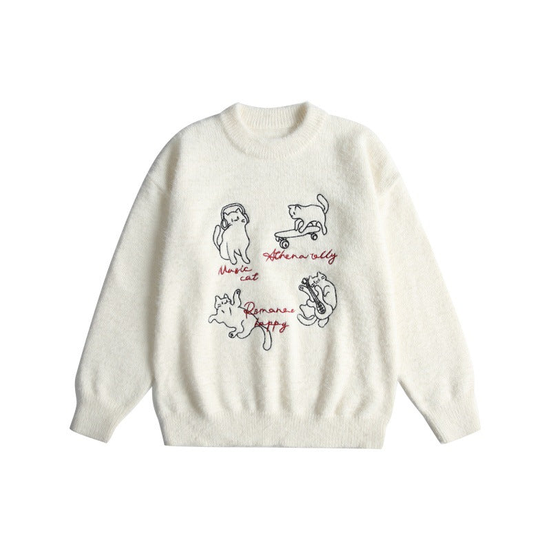 Women's soft sweater with playful cat embroidery and slight standing collar Mune Fashion