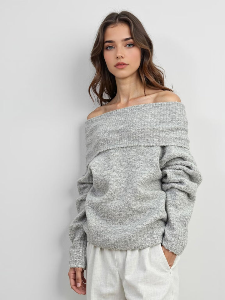 Women's Off-Shoulder Oversized Knit Sweater with Wide Folded Collar and Voluminous Sleeves Mune Fashion