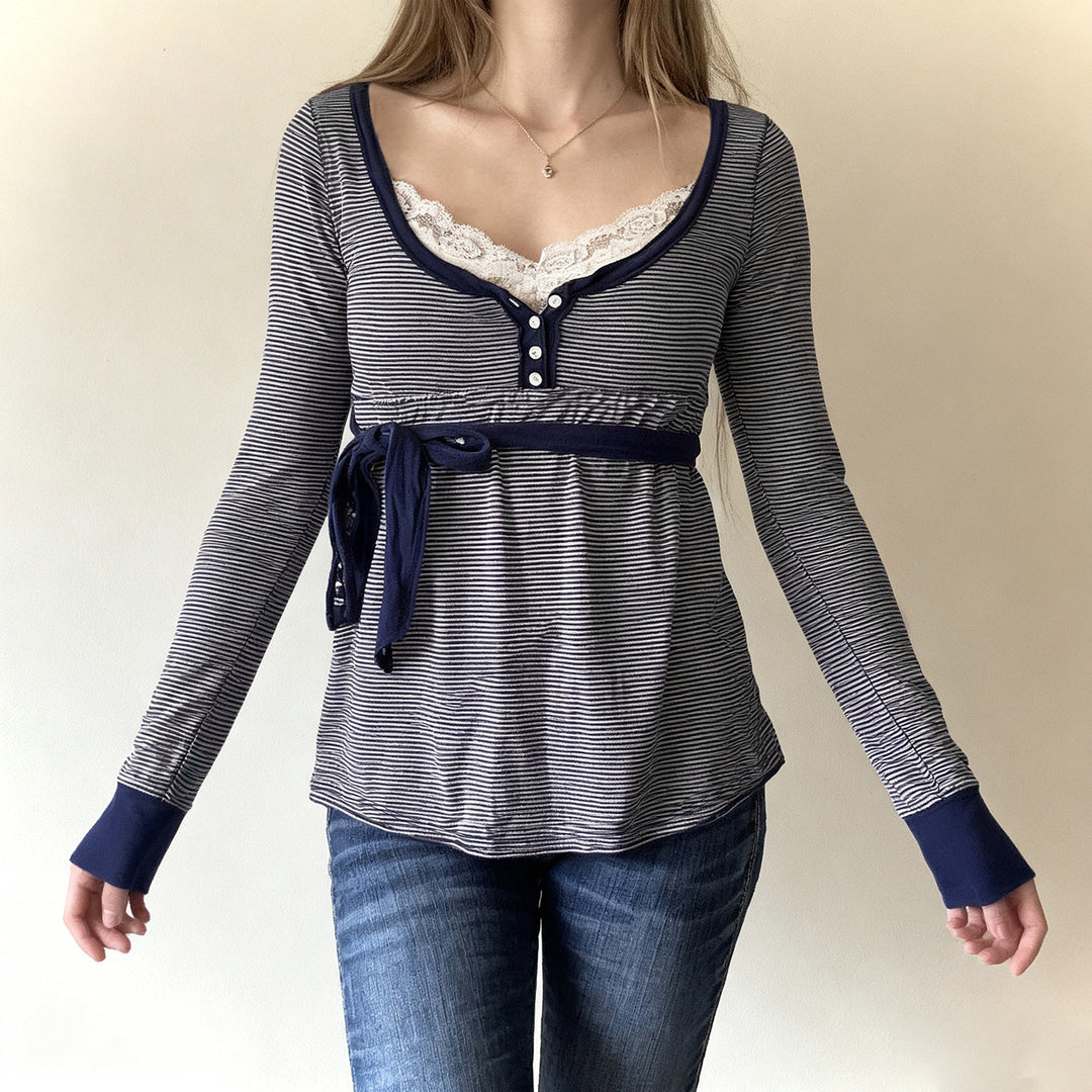 Women’s maternity and nursing blouse with empire seam, button placket, and tie belt Mune Fashion