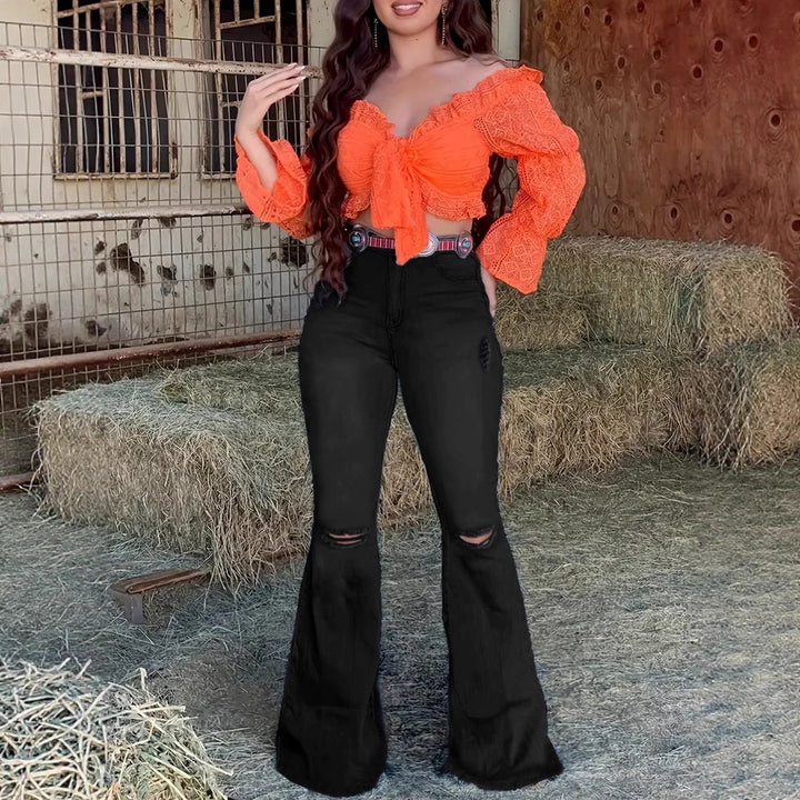 Women's High-Waist Bootcut Jeans with Knee Rips and Figure-Hugging Sculpting Cut Mune Fashion
