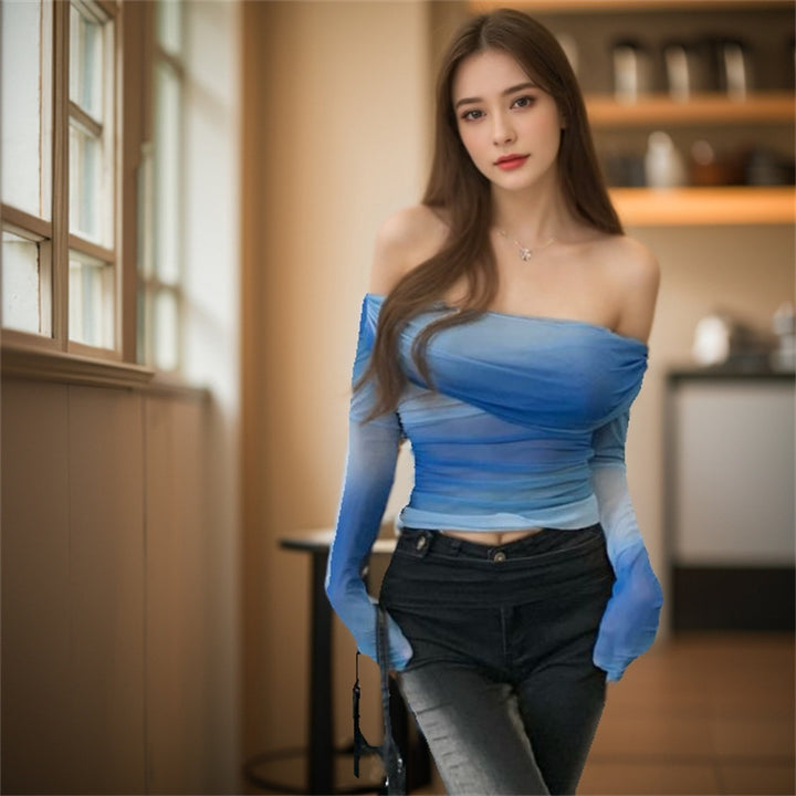 Women Off-shoulder Mesh Long Sleeve with Ruching and Light Transparency Mune Fashion